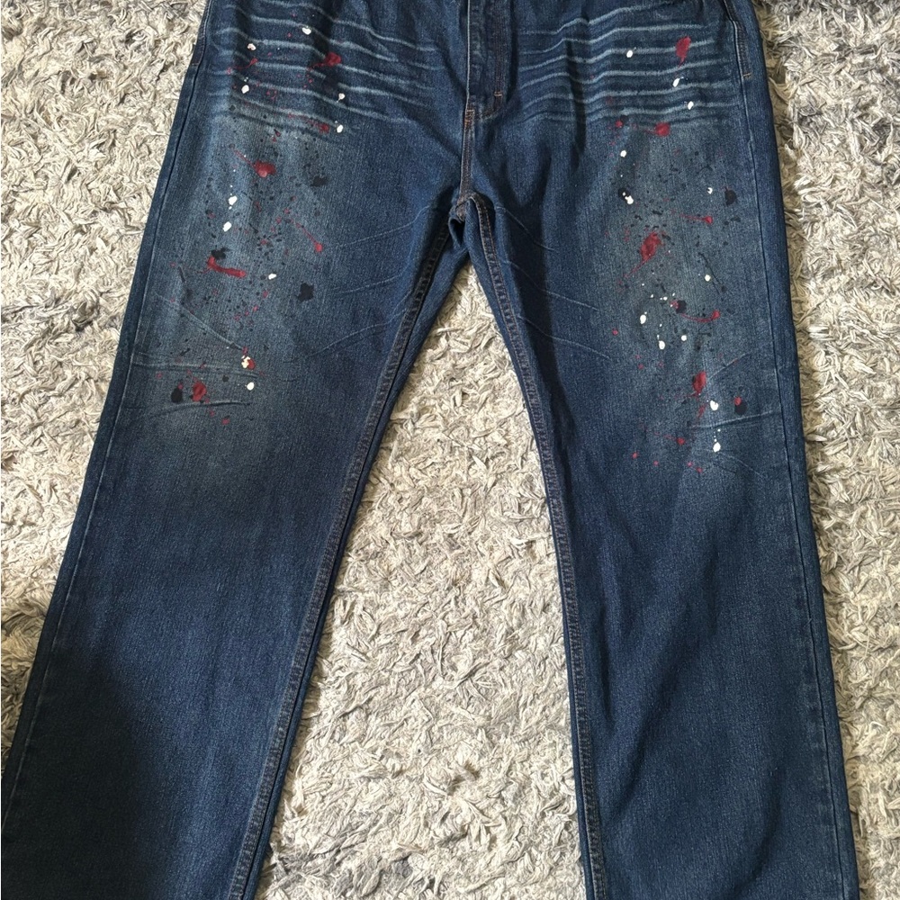 Rocawear Blue and Red Straight Jeans with Artistic Paint Splatter